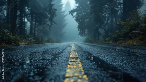 Road through the misty forest photo