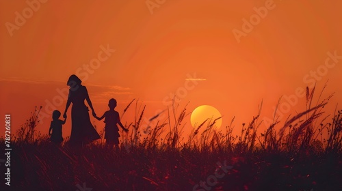 Sunset Silhouette: A Mother and Her Children in Peaceful Togetherness