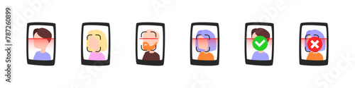 Face recognition phone illustration. Facial scanning security vector set.