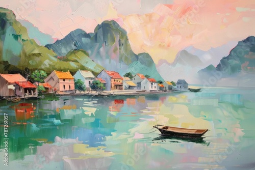 Scenic Mountain Landscape with Houses on Water and Boat in Tranquil Setting