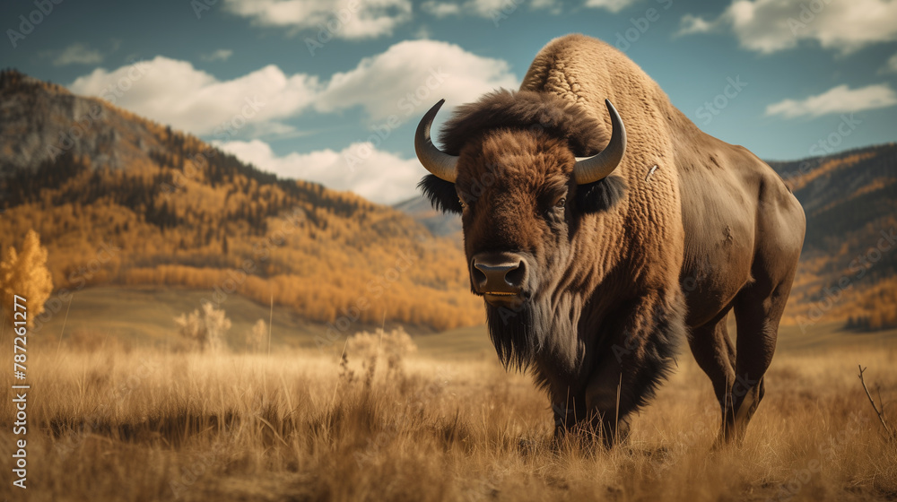 Bison in a field grassland with mountain range in distance Bison in a field grassland with mountain range in distance