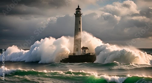 A Beacon of Hope in a Chaotic Sea, A Lighthouse Pierces the Storm photo