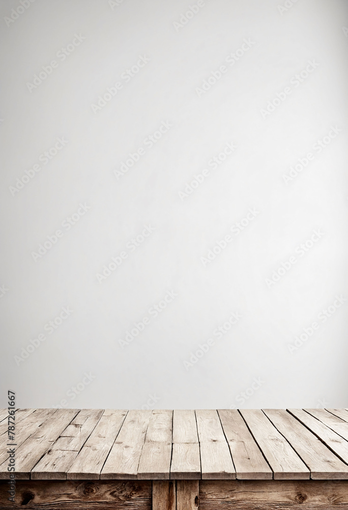 White background with an empty wooden table and plenty of room for your branding and copy. Use as a montage for a product display. Vintage style concept White background with an empty wooden table and plenty of room for your branding and copy. Use as a montage for a product display. Vintage style concept