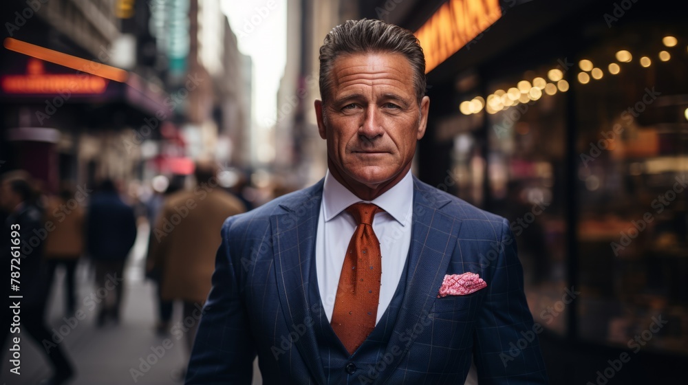 Fototapeta premium A man in a suit standing in a city street