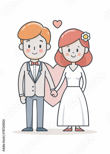 Vector illustration of beautiful wedding cartoon couple, Bride and groom at wedding, invitation card