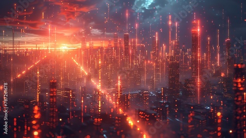 A futuristic, digital cityscape with towering skyscrapers made of glowing data streams and neon lights