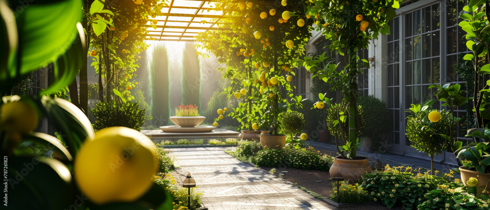 Fairy garden with lemon trees and fruits.  Beautiful summer exterior mockup. backyard, patio with orchard view. generative ai. - obrazy, fototapety, plakaty 
