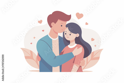Young loving smiling couple boy and girl standing hugging embracing each other feeling in love vector illustration
