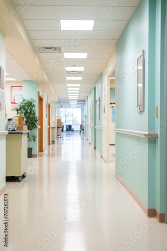 Empty hospital hallway with green walls and white floor