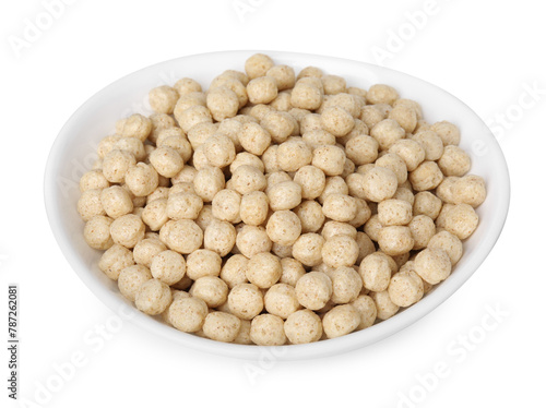 Tasty sweet cereal balls in bowl isolated on white