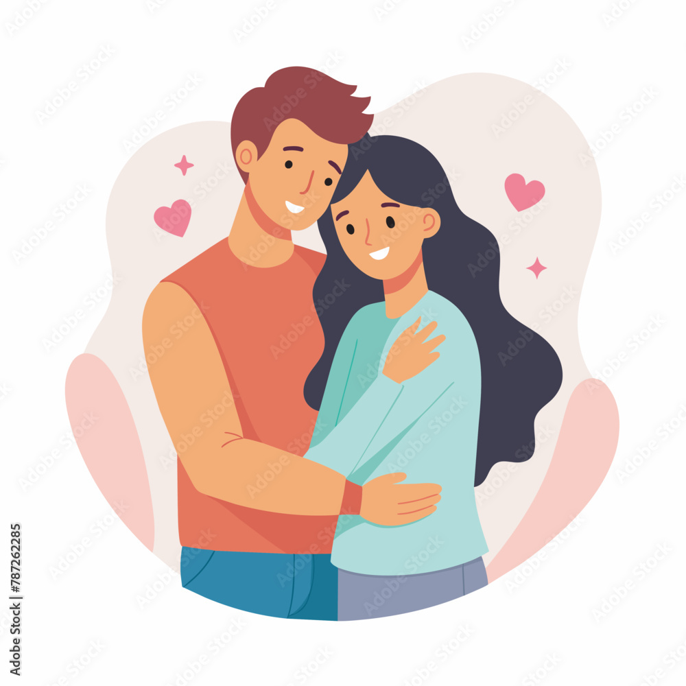 Young loving smiling couple boy and girl standing hugging embracing each other feeling in love vector illustration Young loving smiling couple boy and girl standing hugging embracing each other feeling in love vector illustration