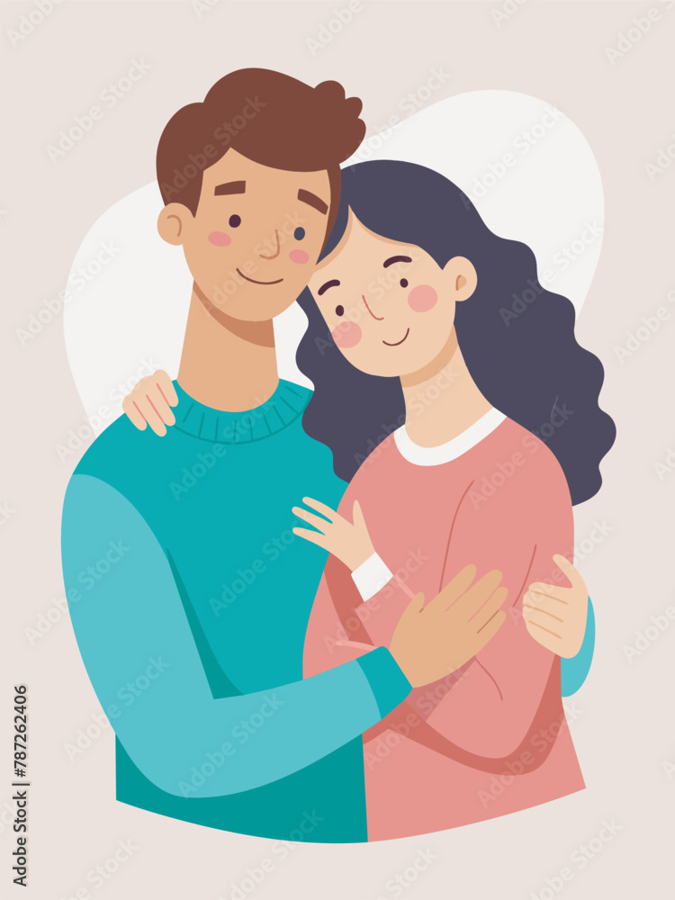 Young loving smiling couple boy and girl standing hugging embracing each other feeling in love vector illustration Young loving smiling couple boy and girl standing hugging embracing each other feeling in love vector illustration