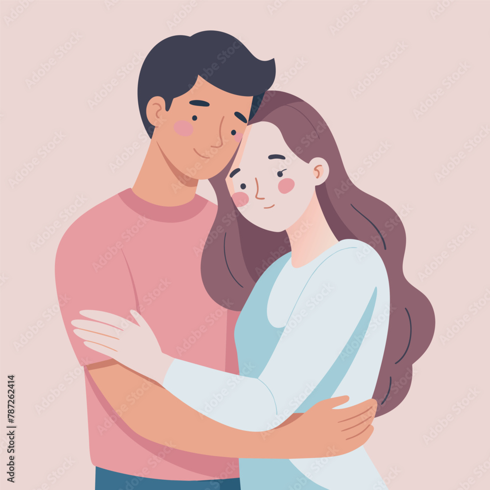 Young loving smiling couple boy and girl standing hugging embracing each other feeling in love vector illustration