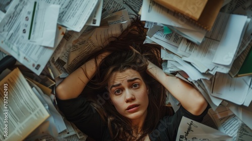 A closeup shot capturing the anguished expression of a woman as she lies amidst a chaotic pile of papers