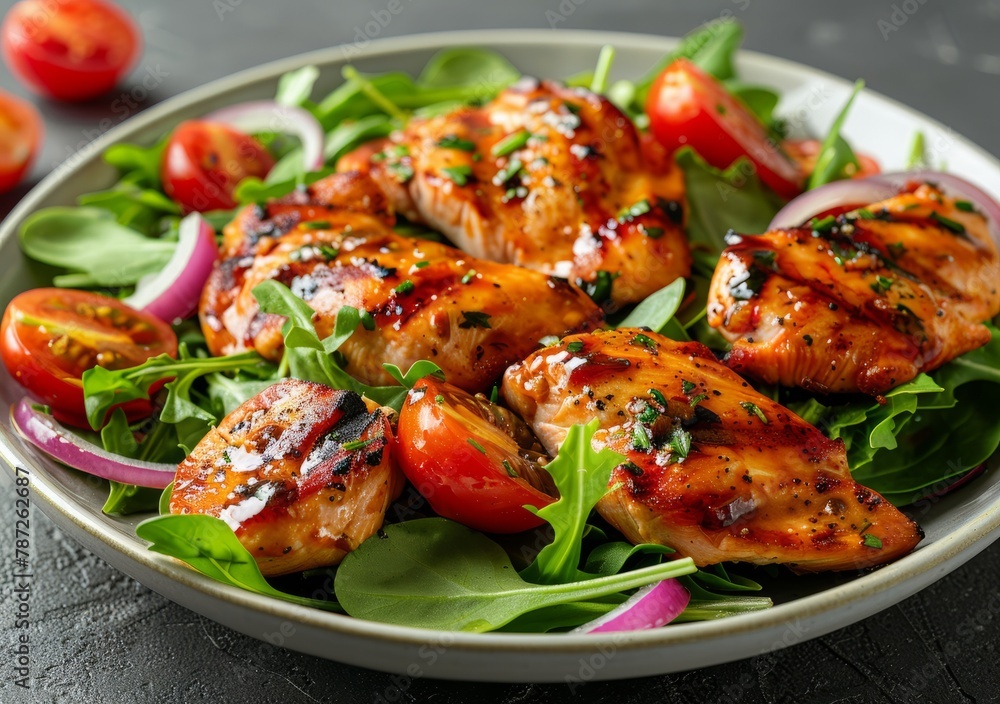 Grilled chicken breast with tomato and onion salad Grilled chicken breast with tomato and onion salad