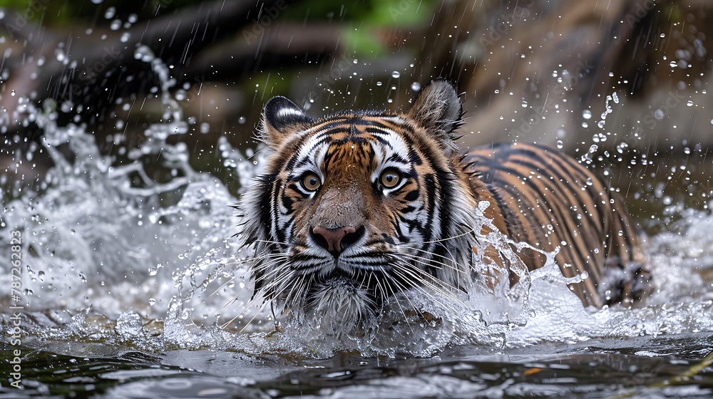 Amur tiger playing in the water, Siberia