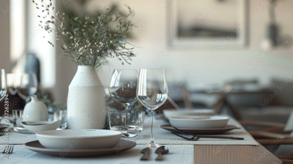 Closeup of a table set with white plates, wine glasses, and a vase in a Scandinavian dining room