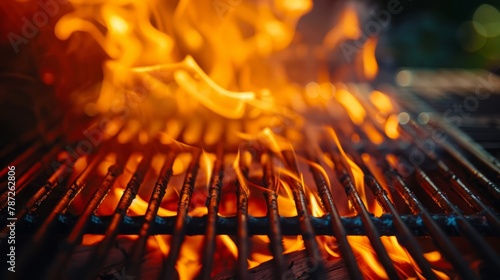 Close-up of vibrant orange flames dancing gracefully on a barbecue grill, showcasing the intense heat and energy