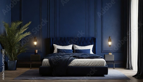 Serenade in Shadow: Dark Bed Frame Against Deep Blue Walls