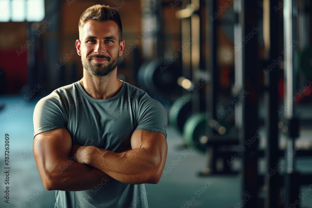 Fototapeta premium Muscular Man Posing Proudly in Gym Setting