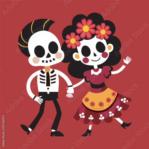 Couple of Mexican skeletons in costumes dance and play music on Day of Dead, Dia de los Muertos