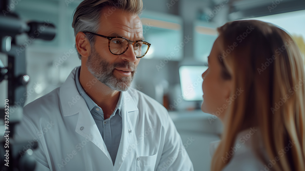 Optometrist consulting with a female patient in an eye clinic. Healthcare and vision concept. Design for medical services promotion, patient care education. Close-up with selective focus Optometrist consulting with a female patient in an eye clinic. Healthcare and vision concept. Design for medical services promotion, patient care education. Close-up with selective focus