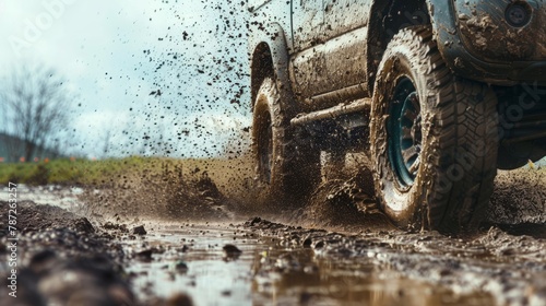 A rugged truck drives through a muddy puddle, splashing mud as it moves forward