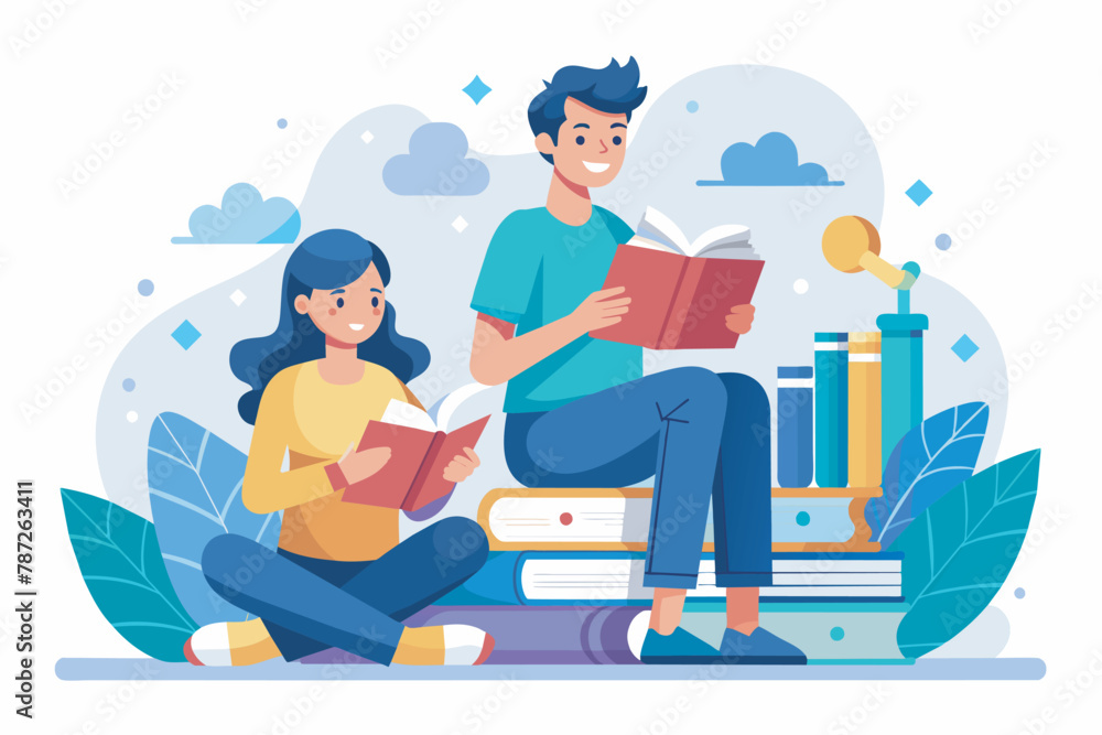 Modern flat vector illustration concept of man and woman reading books, Education concept for banner