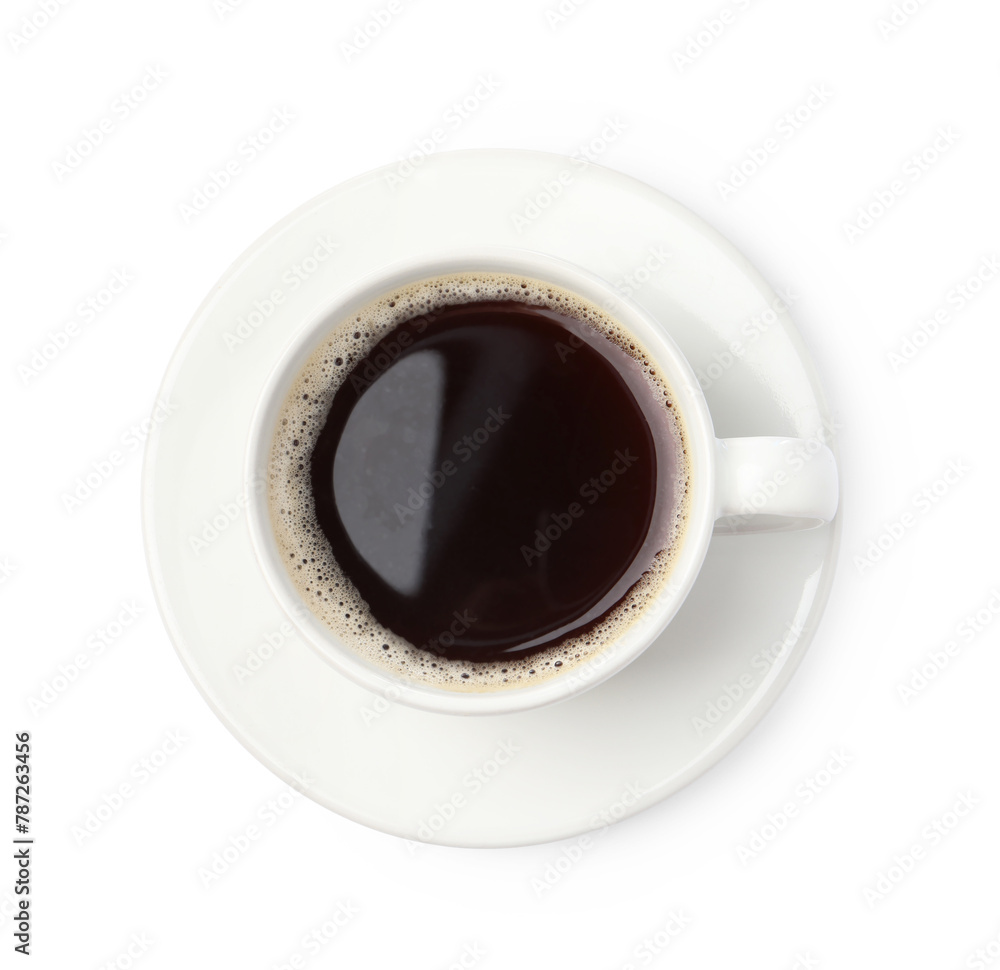 Cup of aromatic coffee isolated on white, top view Cup of aromatic coffee isolated on white, top view