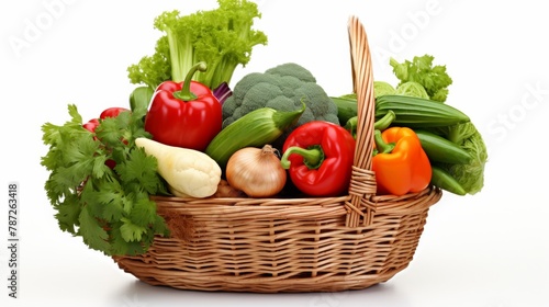 Colorful assortment of various vegetables overflowing in a rustic basket