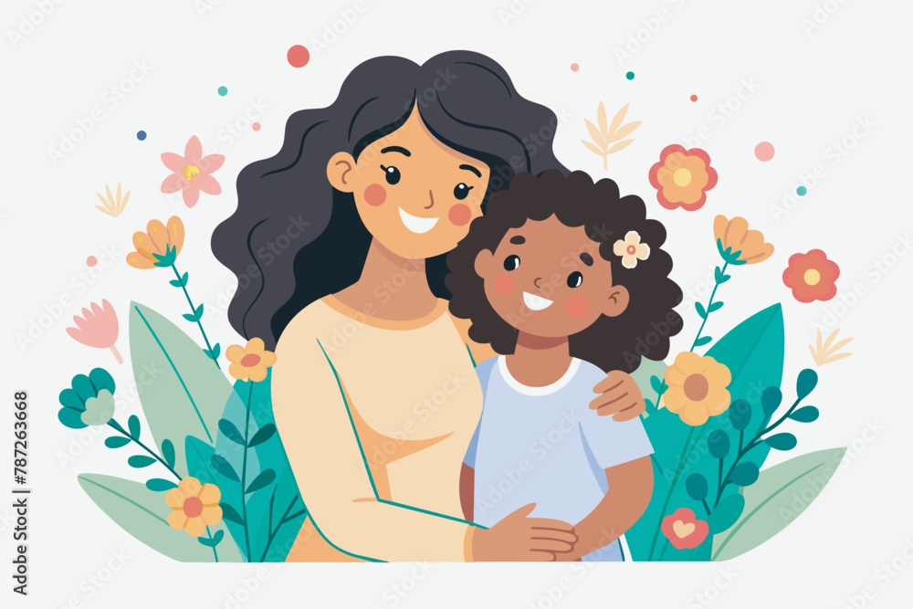 Cute Mother and daughter hugging. Happy Mother's day greeting card on white background Cute Mother and daughter hugging. Happy Mother's day greeting card on white background