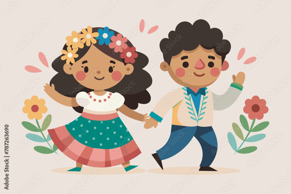Mexican cute couple traditional costume cartoon boy and girl dance, Couple of Mexican dancers Mexican cute couple traditional costume cartoon boy and girl dance, Couple of Mexican dancers