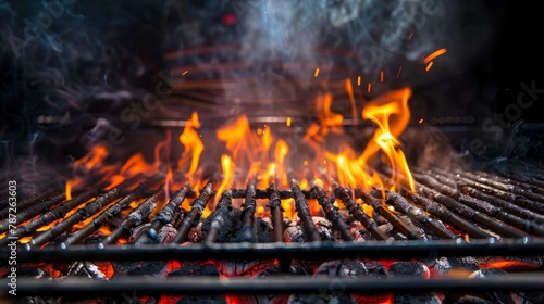 Low-angle close-up of a charcoal grill with glowing embers and flames rising