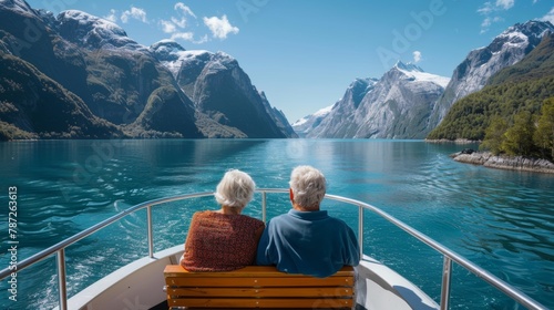 Senior lifestyle outing travel trip, 60s aging couple sitting in luxury boat enjoyment with beautiful lake scenic mountain landscape, elderly retirement carefree holiday together, bonding relationship