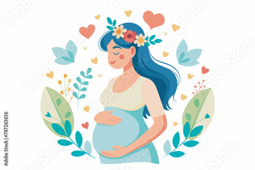Pregnant woman tenderly holding her belly, Mother Care Positive Emotion isolated on white background