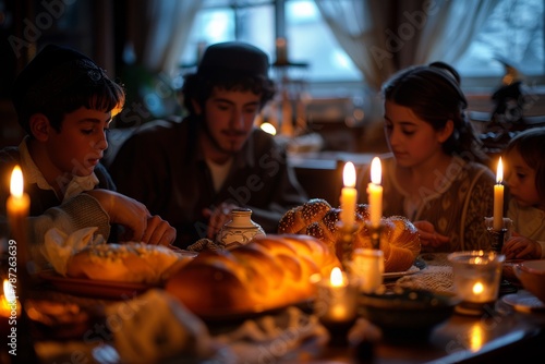 An Orthodox Jewish family enjoys Shabbat dinner. The golden light of burning candles creates a cozy atmosphere.