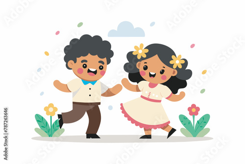 Mexican cute couple traditional costume cartoon boy and girl dance, Couple of Mexican dancers
