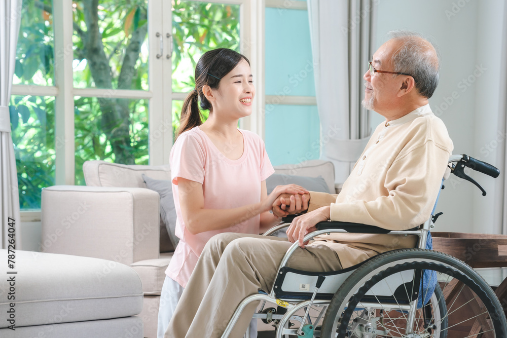 Asian family health care and insurance business at home concept, woman daughter take care support to senior elderly father patient in wheelchair together, dad having smile in happy love lifestyle Asian family health care and insurance business at home concept, woman daughter take care support to senior elderly father patient in wheelchair together, dad having smile in happy love lifestyle