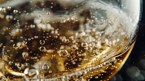 Close up of a wine glass filled with liquid, showcasing the effervescence of champagne bubbles swirling inside