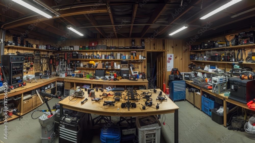 A workspace filled with various tools and equipment for drone assembly, including the disassembled drone XFU