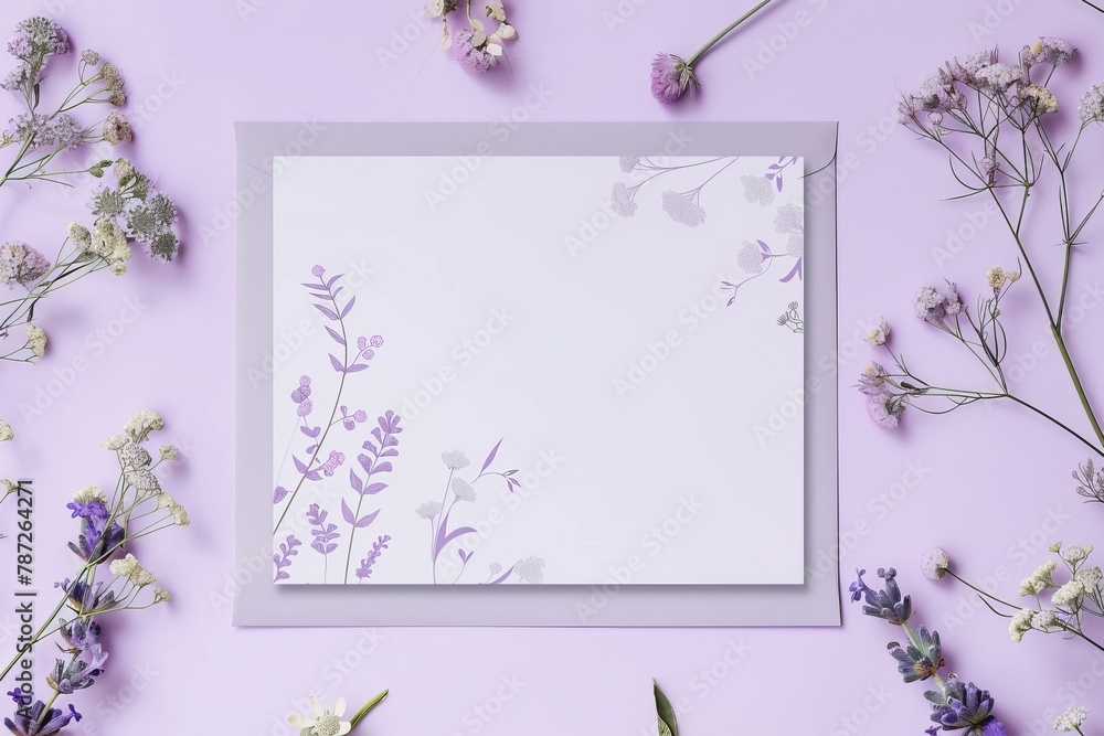 A beautiful floral invitation on a purple background with flowers.