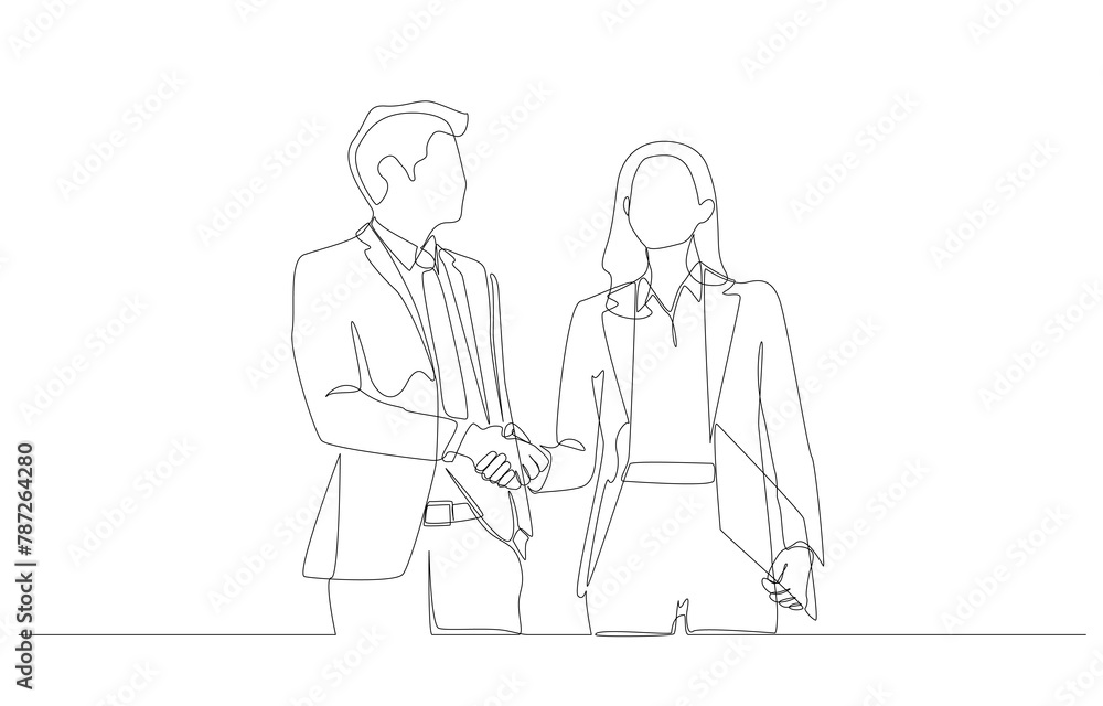 Continuous one line drawing of businessman shaking hands with businesswoman to make agreement on work, cooperation, partnership, business deal concept, single line art.