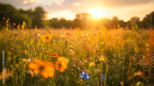 An expansive field filled with vibrant wildflowers, under the golden light of the sun in the background © Ilia Nesolenyi