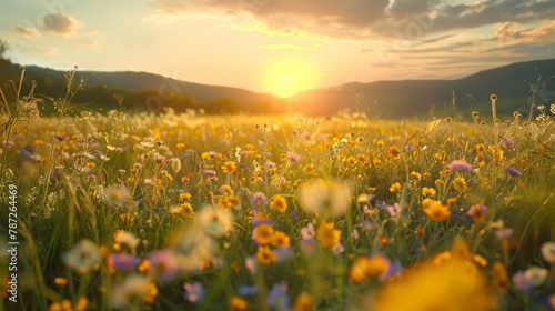 Large field filled with colorful wildflowers under a setting sun