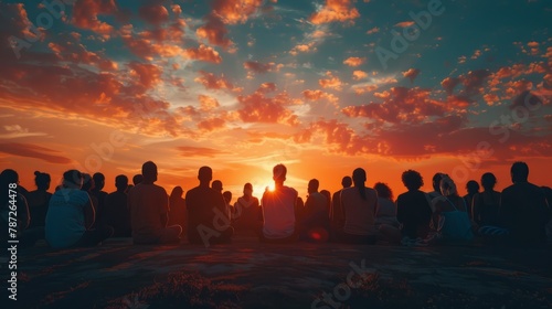 Silhouetted diverse group of people standing against a setting sun in prayer