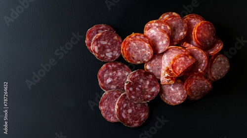 Close-up overhead view of neatly arranged slices of salami on a black surface