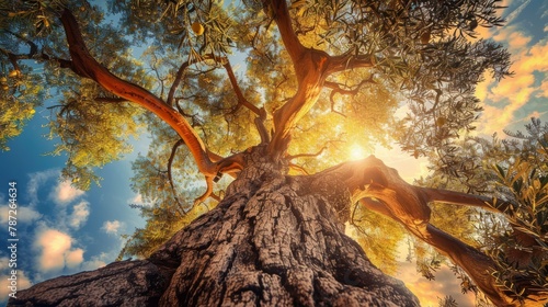 Sun shining through olive tree branches against the backdrop of the sunset sky