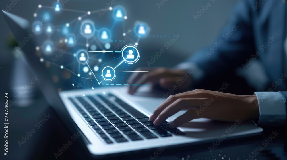 Social media and Marketing virtual icons screen concept. close-up of a businessman typing keyboard with a laptop computer on a wooden desk in a modern office. Social media and Marketing virtual icons screen concept. close-up of a businessman typing keyboard with a laptop computer on a wooden desk in a modern office.
