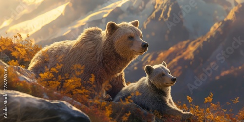 In a golden-hued wilderness, a mother bear and her cub experience a serene moment, symbolizing nurturing and protection