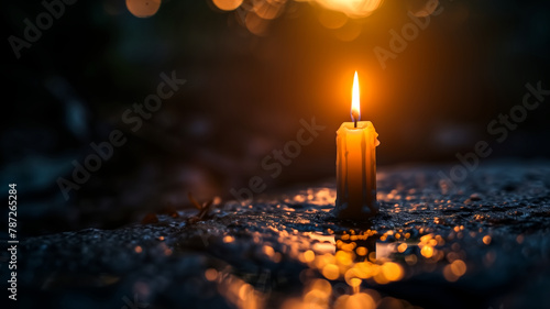A solitary candle burning brightly on a twilight backdrop, with its light reflecting on the surrounding surface.
